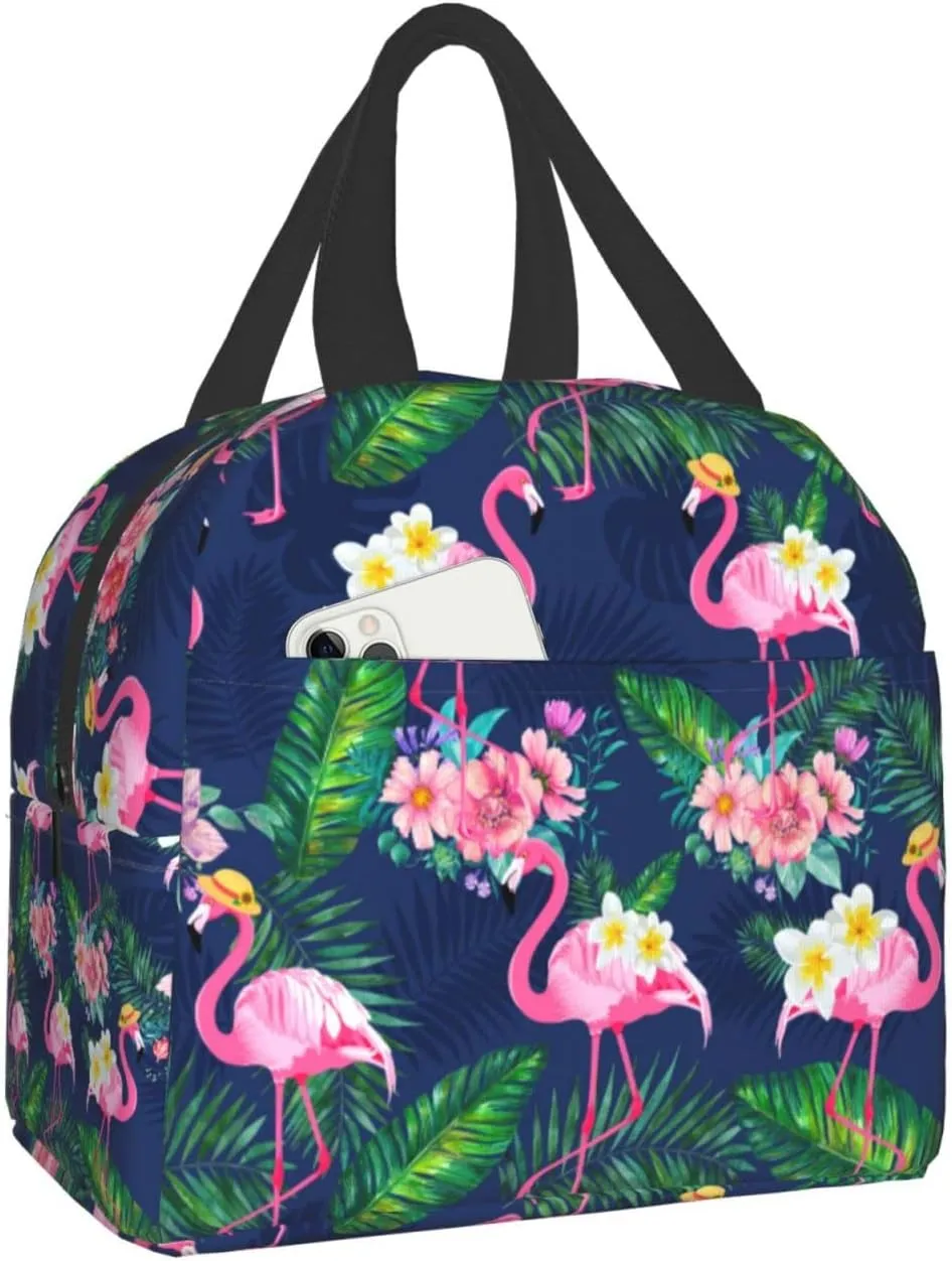 Portable Lunch Bag Flamingos Insulated Lunch Box Reusable Cooler Tote Bag with Front Pocket for Women Men Work Picnic Travel