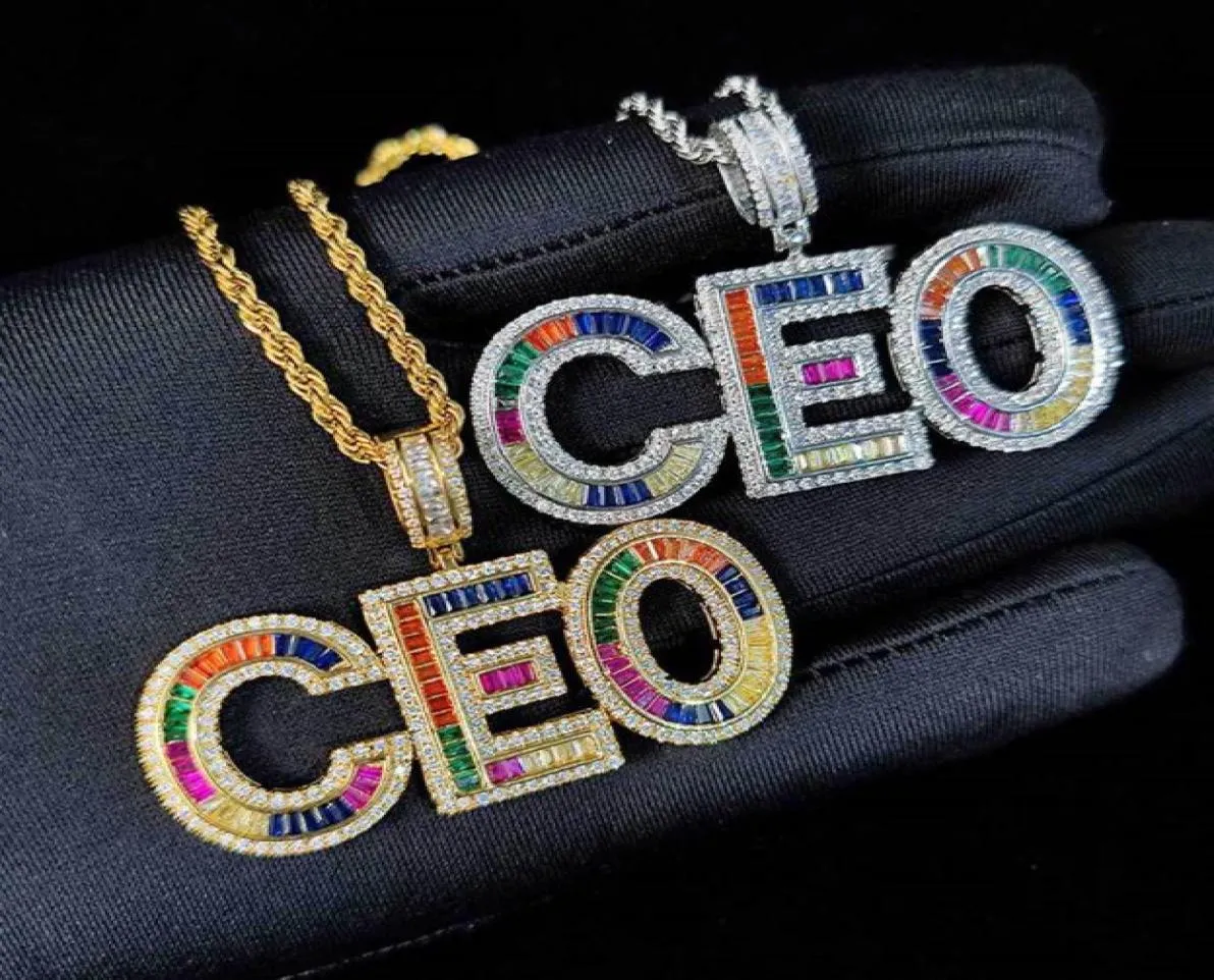 Gold Silver Custom Name Necklace Colors Hip Hop Iy Cz Cubic Baguette Letter Pendant Halsband med 24 -tums repkedja för män Women9534652