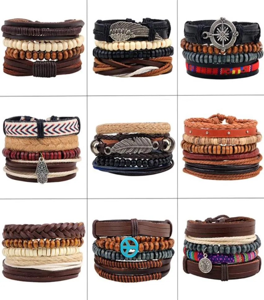 4pcsset handgefertigt Boho Gypsy Hippie Schwarz Leder Seil Flügel Handblätter Kompass Charm Stapelblatt Armbänder für Man3686581