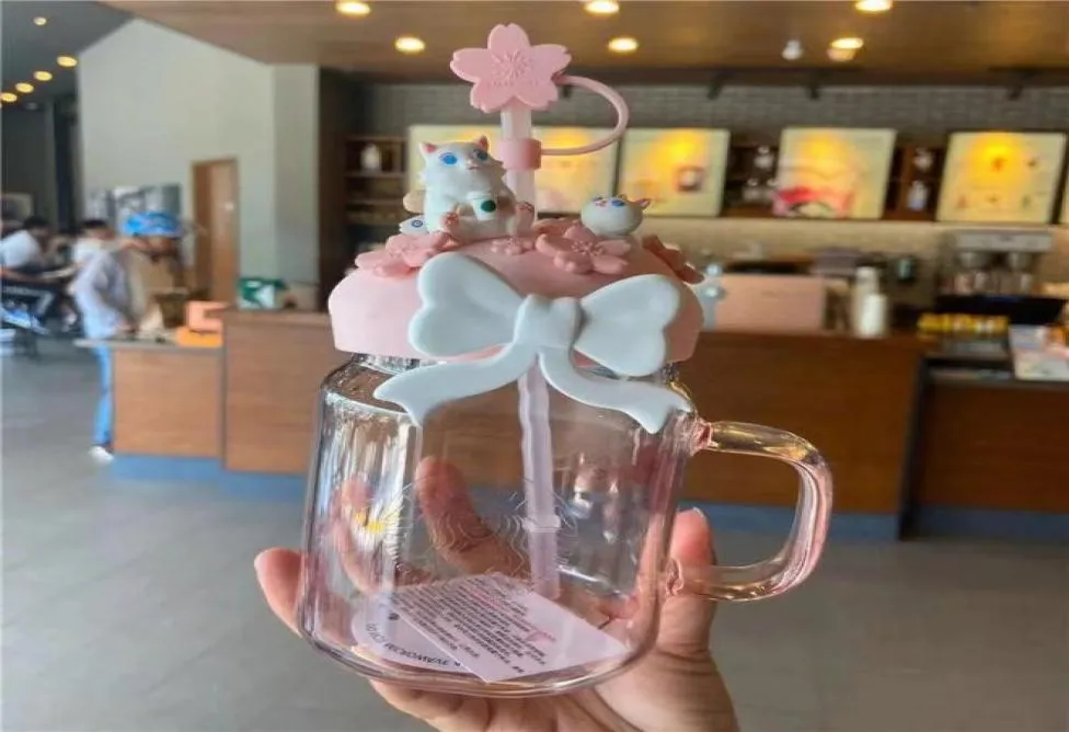 600 ml Pink Sakura Cute Cat Straw Mugs Glass Cold Drink Cup Present3182523
