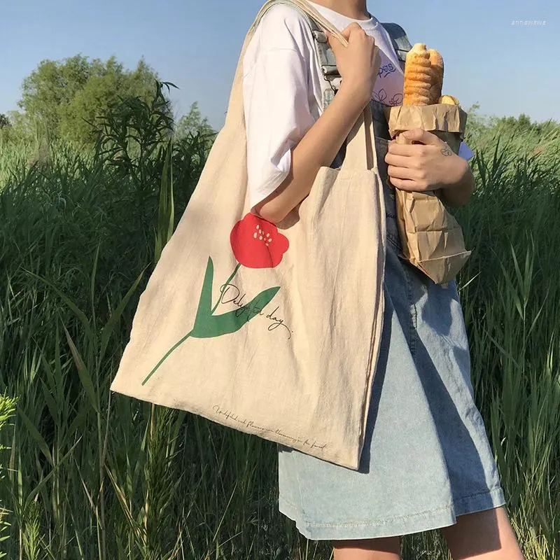 Borse da sera in tela di lino di cotone da donna borsette di moda fiore signore eco riutilizzabili sacca per la spesa eco