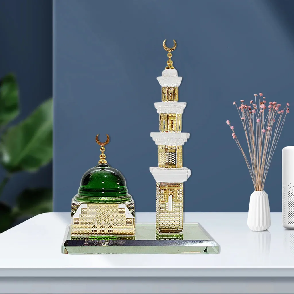 Muslim Mosque Statue Decor Crystal Gilded Architecture Miniature Model Islamic Home Table Decor Islamic Architecture Souvenir