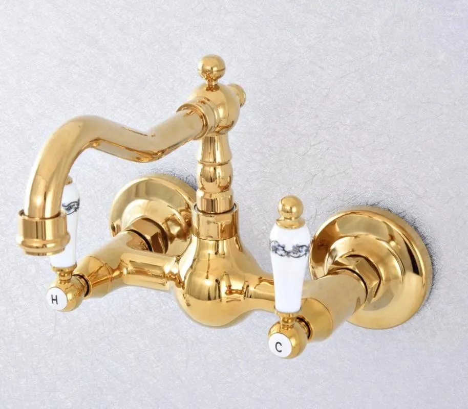 Grifos de fregadero de baño Luxury Gold Color Brass Givel 360 Bañera de bañera Montaje de montura de pared Mezcladora Toque NSF613