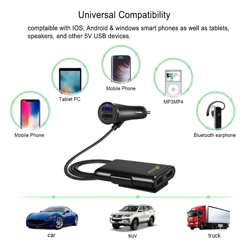 Ny 2024 QC3.0 4 portar bil USB -laddare snabbt laddar cigarettändare kraftadapter för iPhone Huawei med 1,7 m förlängning USB -navkabel - -