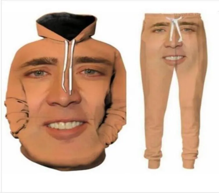 Ensembles de deux pièces hommes femmes de survêtement décontractées 3D Impression du géant soufflé le visage de Nicolas Cage Fashion Hoodies HoodedPants Swe8959579
