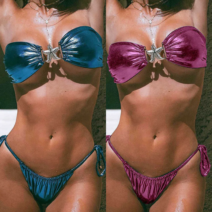 24 Jahre sexy trägerloser Split Bikini Blue Glossy Gold Searfish Badeanzug für Frauen