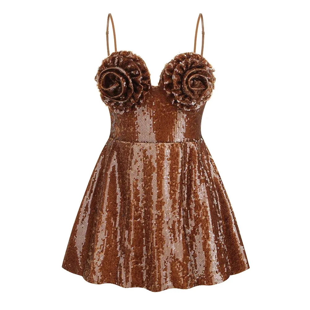 Elegant Brown Wine Red Sleeveless Floral Sequin A-Line Mini Dress for Women