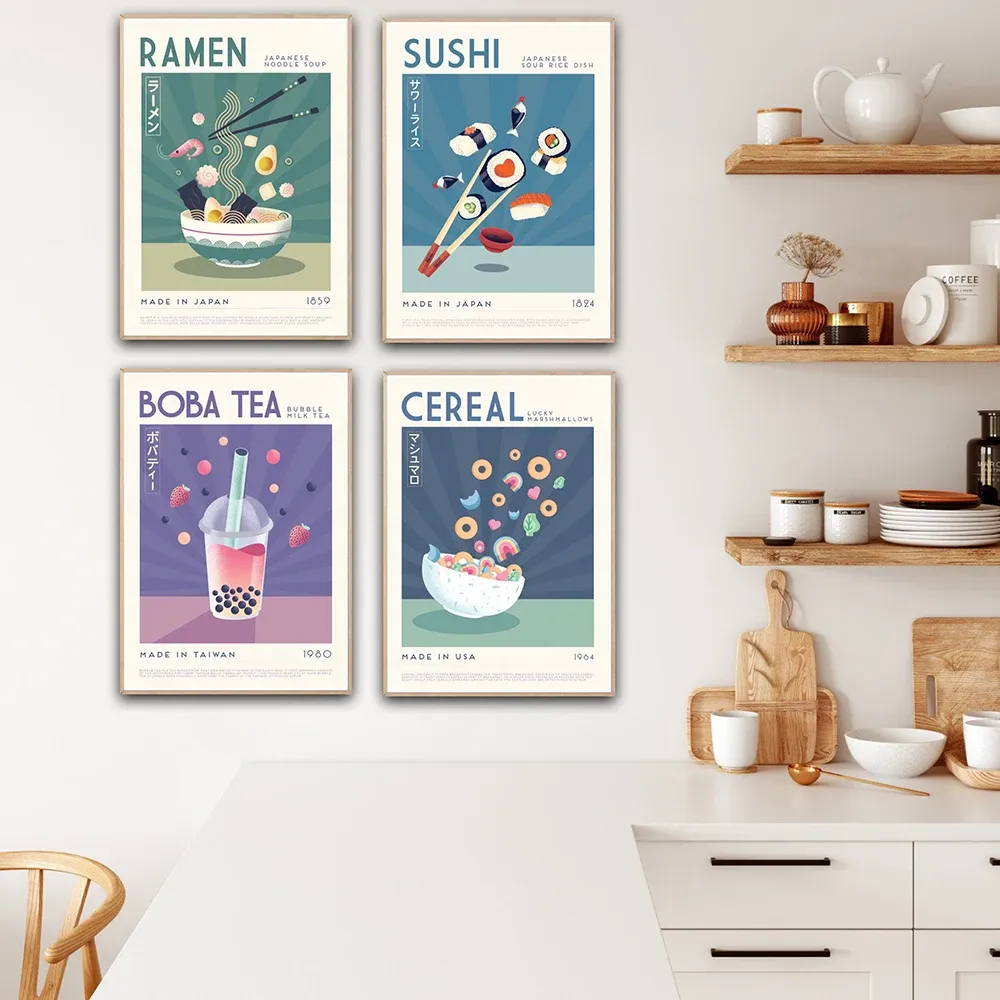 Japanische Lebensmittel Wandkunst druckt lustige Ramen Sushi Boba Tea Cereal Poster Kitchen Kunst Leinwand Malbild Bild für Wohnzimmerdekoration