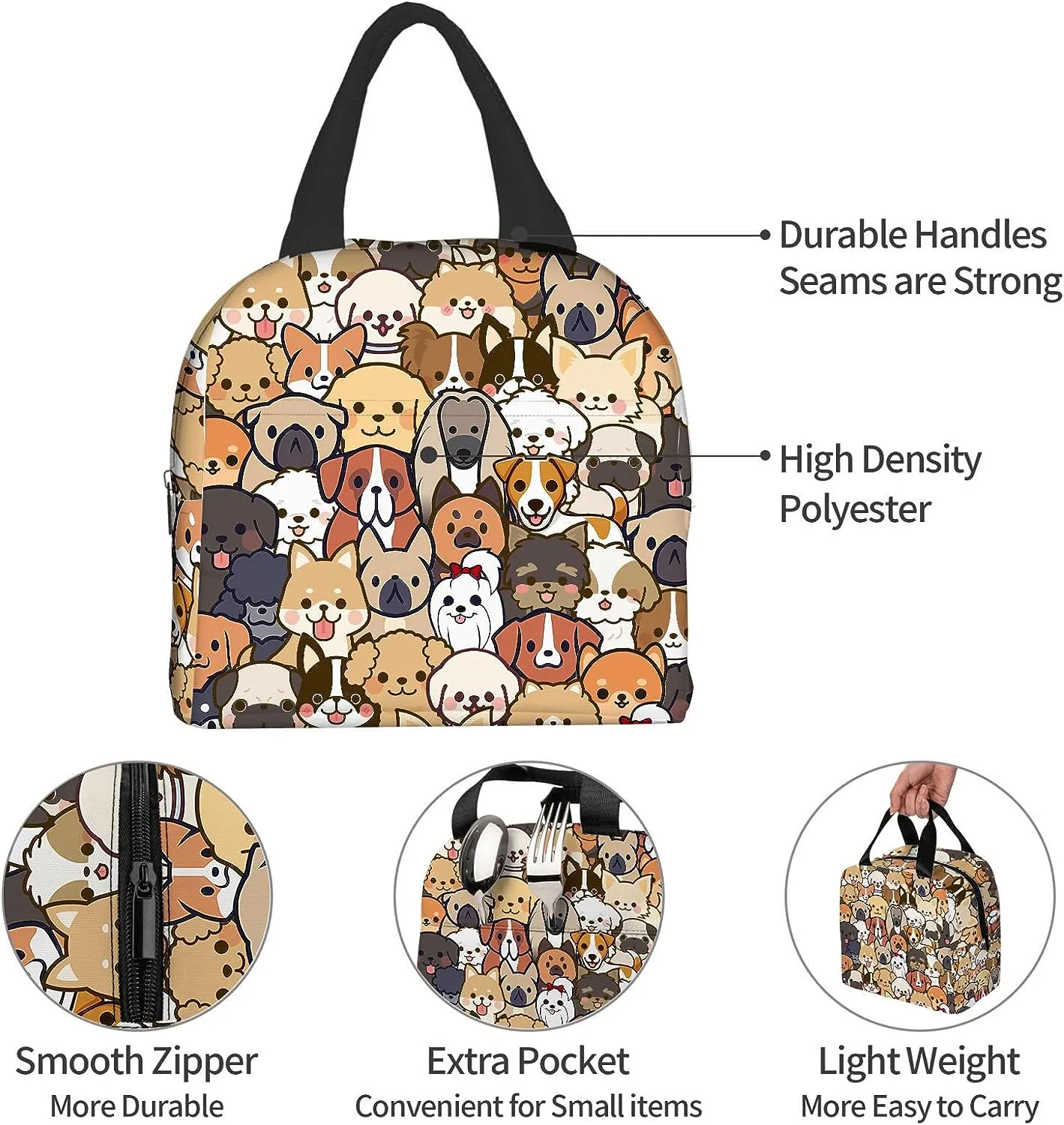 Sevimli köpek öğle yemeği çantası kawaii köpek öğle yemeği kutusu hayvan baskı kompakt tote çanta yeniden kullanılabilir çanta kadınlar için piknik plaj ofis çalışması