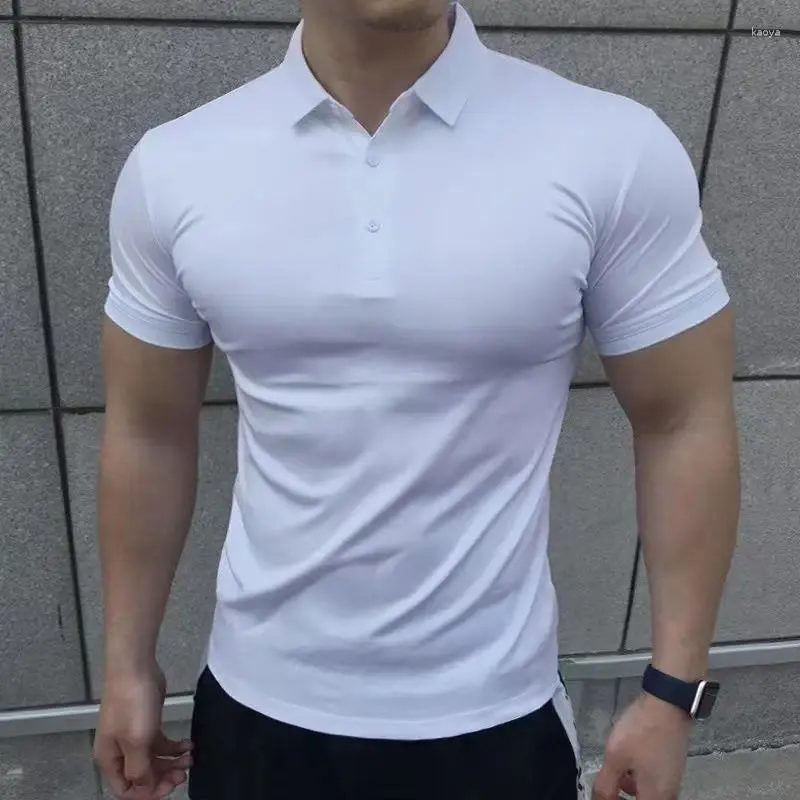 Polos męski z kołnierzykiem białe topy chude koszule polo zwykłe męskie t-shirt mięśnie siłowni gładkie ubranie swobodne xl