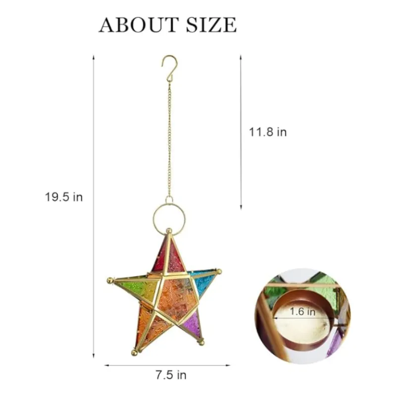 Metal Art Candle Holders Star Colorful Glass Christmas Holiday Home Wall Decor Lantern for Mantel Patio Garden with Hanging Loop