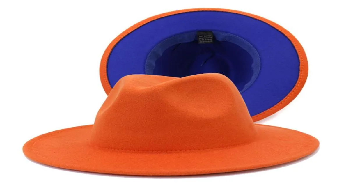 Extérieur Orange Inner Blue Patchwork Jazz Fedora Chapeaux Men Men de fête Musique Formal Hat Wide Brim Wool Felt Two Tone Panama Fedoras3964717