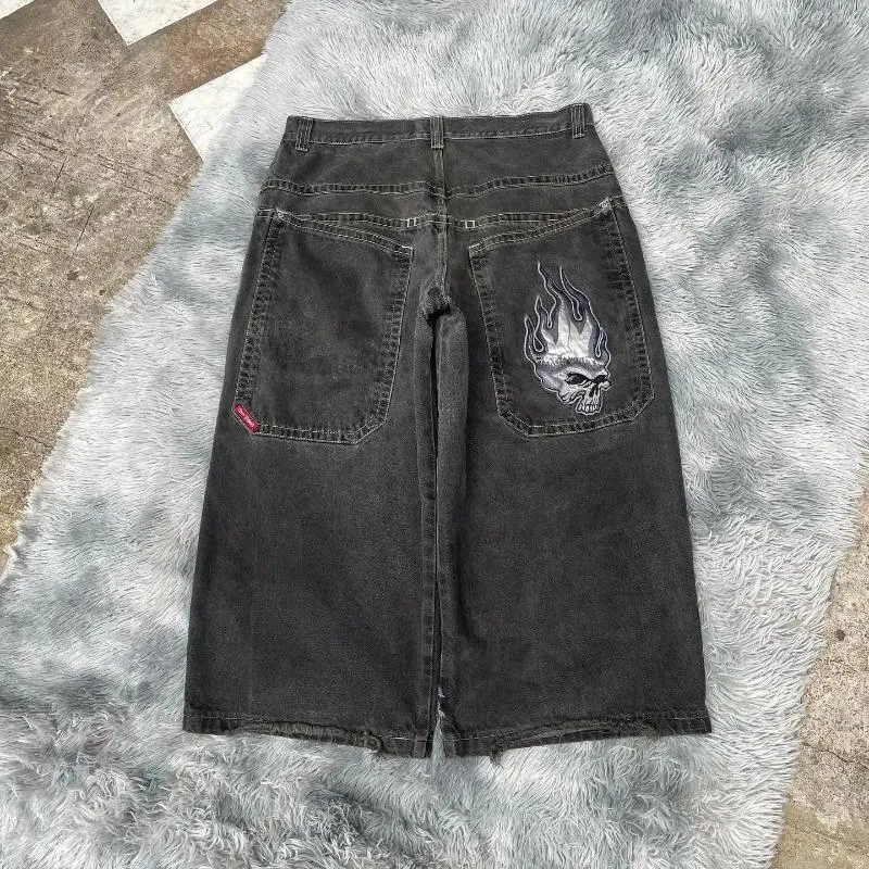 Jeans féminins hip hop gothique jnco streetwear rétro flamme skull motif brodé de harajuku lâche pantalon pantalon large pantalon