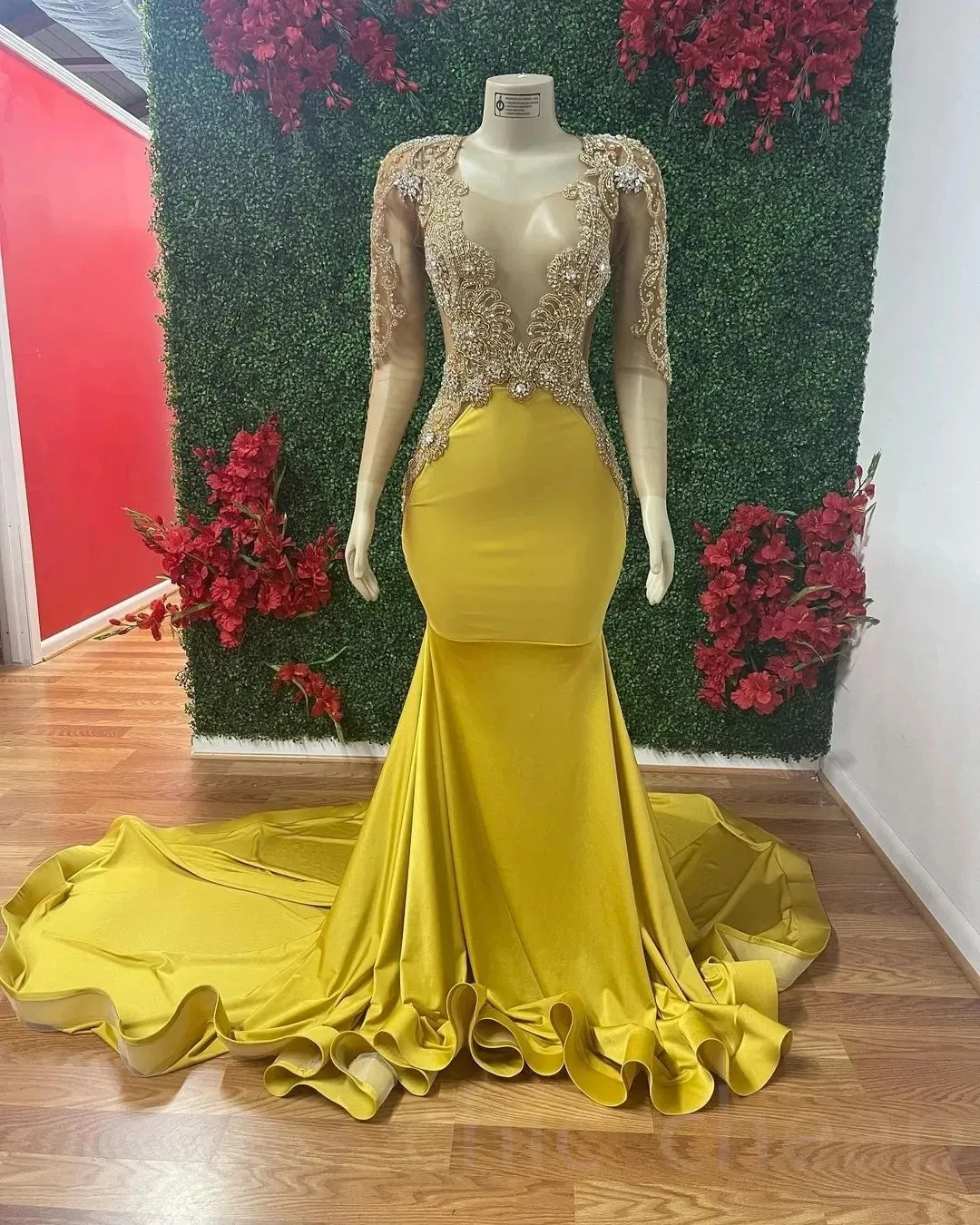 chinese dress ladies Mermaid Open Back Lace Yellow Prom Dress – FancyVestido main image 0