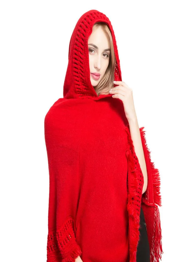 Winterponcho für Frauen Feste Farbe Strick Kaschmir Kapuzenharme Fashion Quaste Tassel Shaw