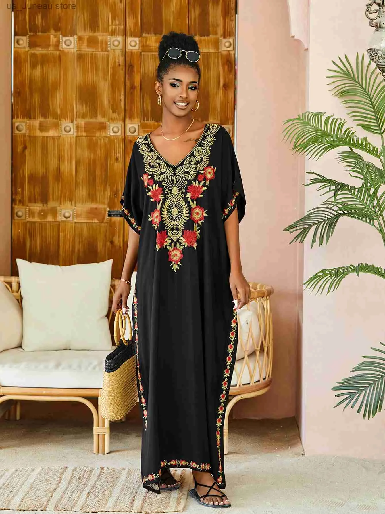 Basic casual jurken chic geborduurde boho long dames kaftan retro oversized 2024 zomer jurk outfit vrouwen kleding strand slijtage jurken Q1490 T240412