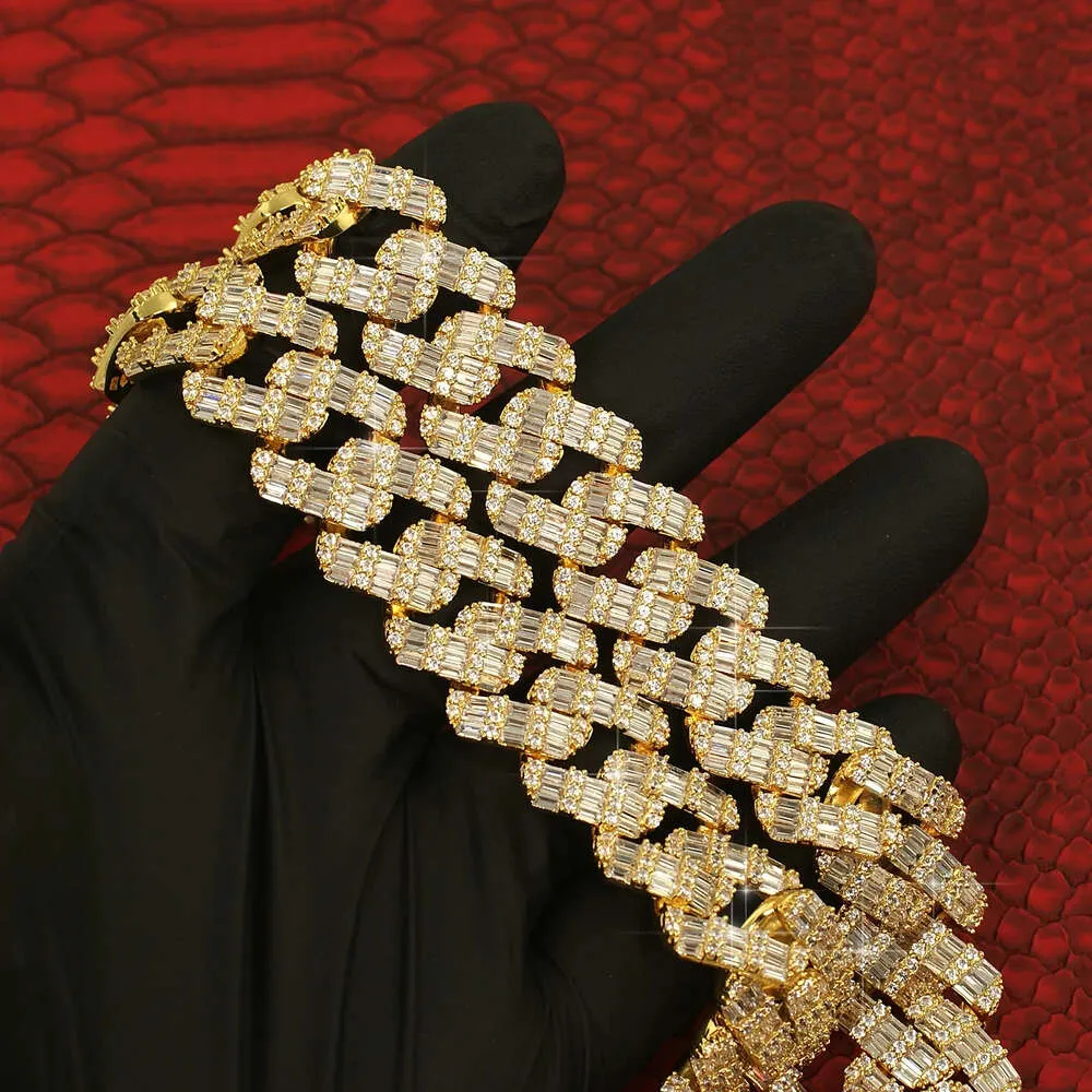 Gioielli da uomo ghiacciato di lusso 925 argento con collana placcata in oro 14K 15mm vvs1 diamante moissanite baguette taglio catena di collegamento cubano