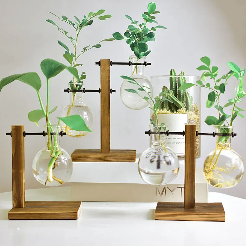 Neue Terrarium Hydroponic Pflanze Vasen transparente Glühbirnenvase Holzrahmen Glasschalte Pflanze Bonsai Dekor Vintage Blumentopf