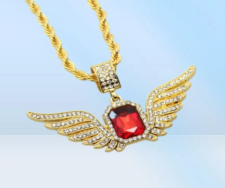 Hip Hop Angel Wings with Big Red Ruby Pendant Necklace for Men Women Iced Out Jewelry8884163