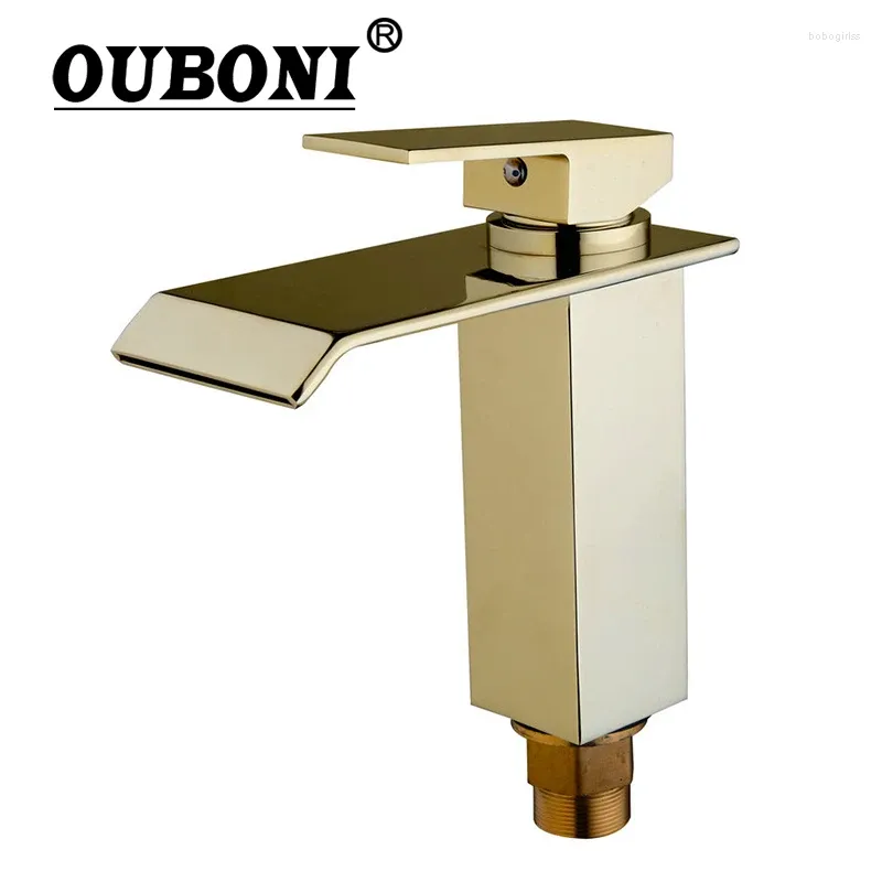 Grifos de lavabo de baño Ouboni Luxury Golden Basin batidora Mezcladora de grifo de grifo de cascada fría