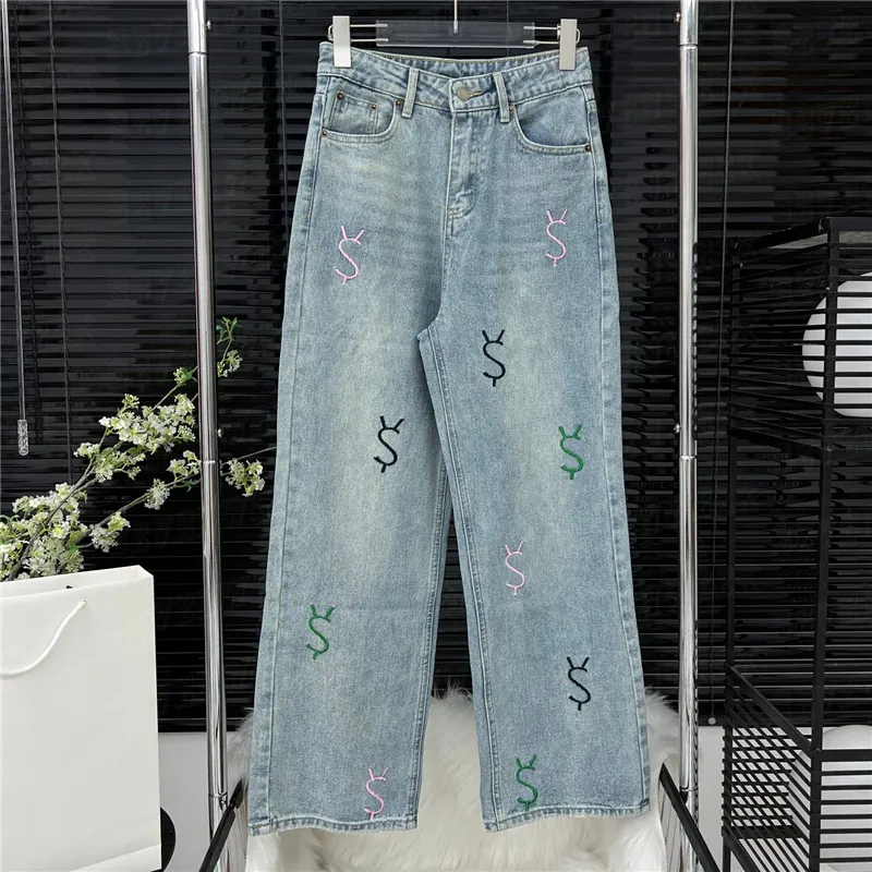 Lettera ricamata colorata designer di pantaloni in denim jeans women abbigliamento alla moda pantaloni sciolti