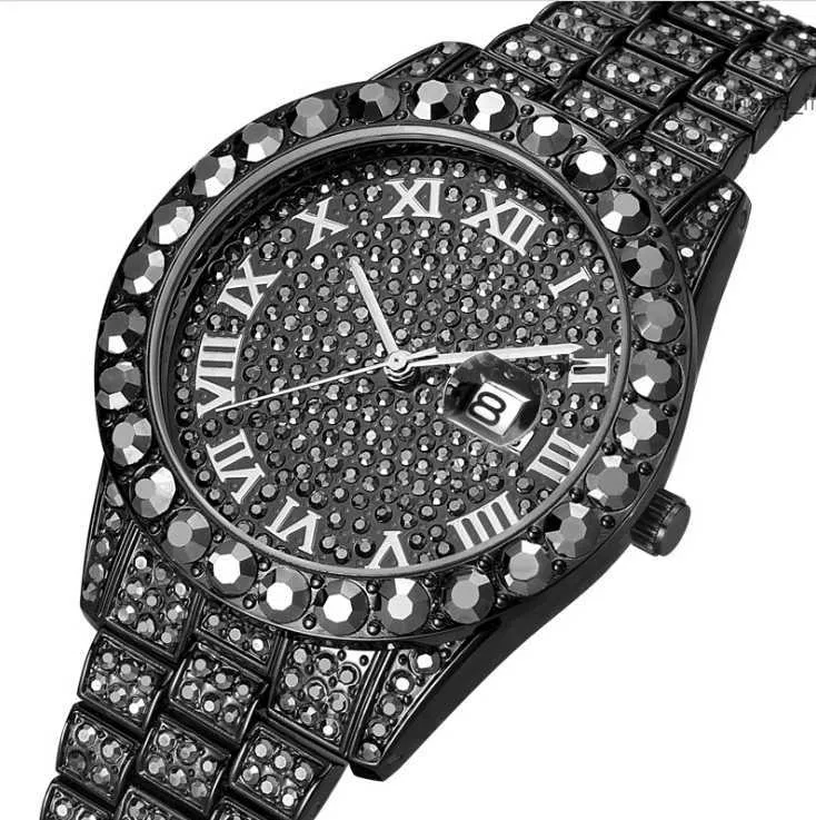 Missfox European Fashion Life Life imperméable Hip Hop Big Diamond Mens Mentiers Bracelet Quartz Hardlex Leaders charismatiques Wrist Wist