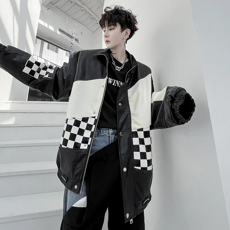 Mens Leather Patchwork Jacket Long Sleeve Zipper Lapel Streetwear