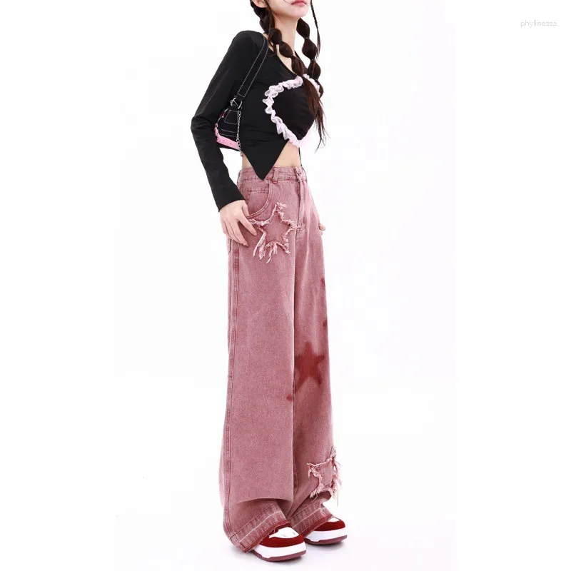 Women's Jeans Women Embroidery Straight Wide Leg Pants Vintage Doing Old Patchwork Trousers Harajuku Leisure Wind Street