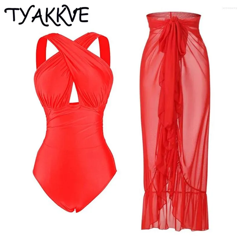 Swimwear femminile Tyakkve 2024 Donne Vinatge One Piece Swimsuit Bikini Bikini Halter Tankini Red Solid Bareding Dress Abito Dress Copertina