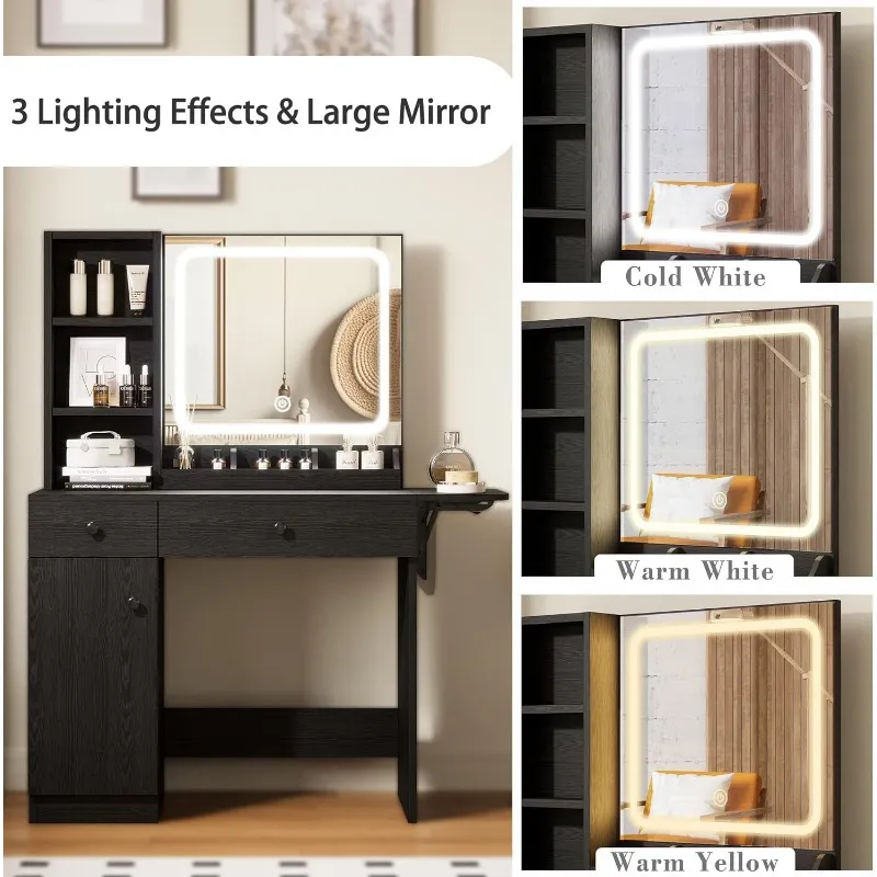 Bedroom Set With Vanity Table: Elegant Makeup Desk With Lighted Mirror ...