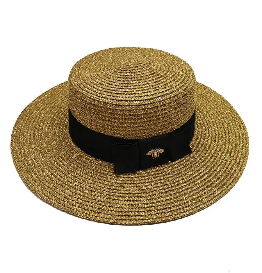 Vrouwen brede rand Gold Bee Straw Cap Dames mode platte top geweven petten meisje emmer hoed zomer zon hoeden vintage visor6765860