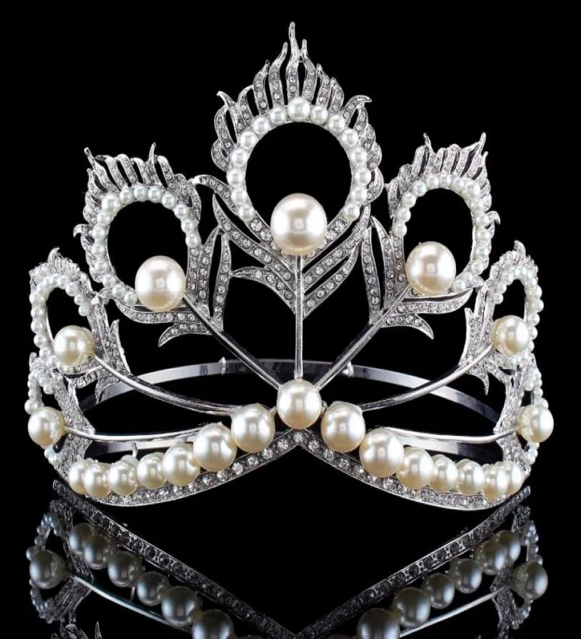 Nova chegada Big Size 2017 Miss Universo Mesmo Coroa Rodada Full Ajustável Silver Pearl Peakcock Feather Tiara Pageant 2102039685007