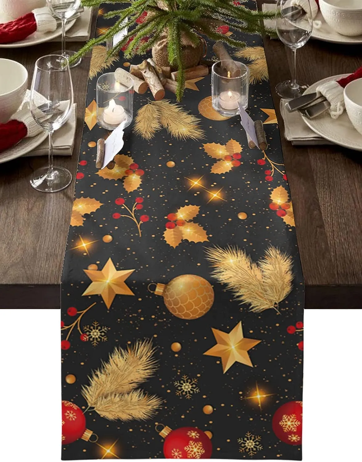 Jul Golden Pine Needles Linen Tabler Runners Köksbord Dekorera bondgård Matbord Runners Julfestdekorationer