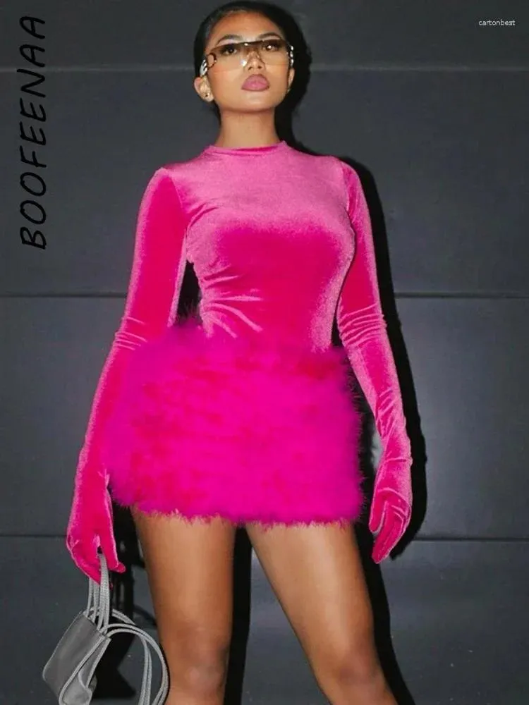 Work Dresses BOOFEENAA 2 Piece Sets Fuzzy Faux Fur Mini Skirt Velvet Gloves Long Sleeve Bodysuit Top Winter Sexy Birthday Outfit Club