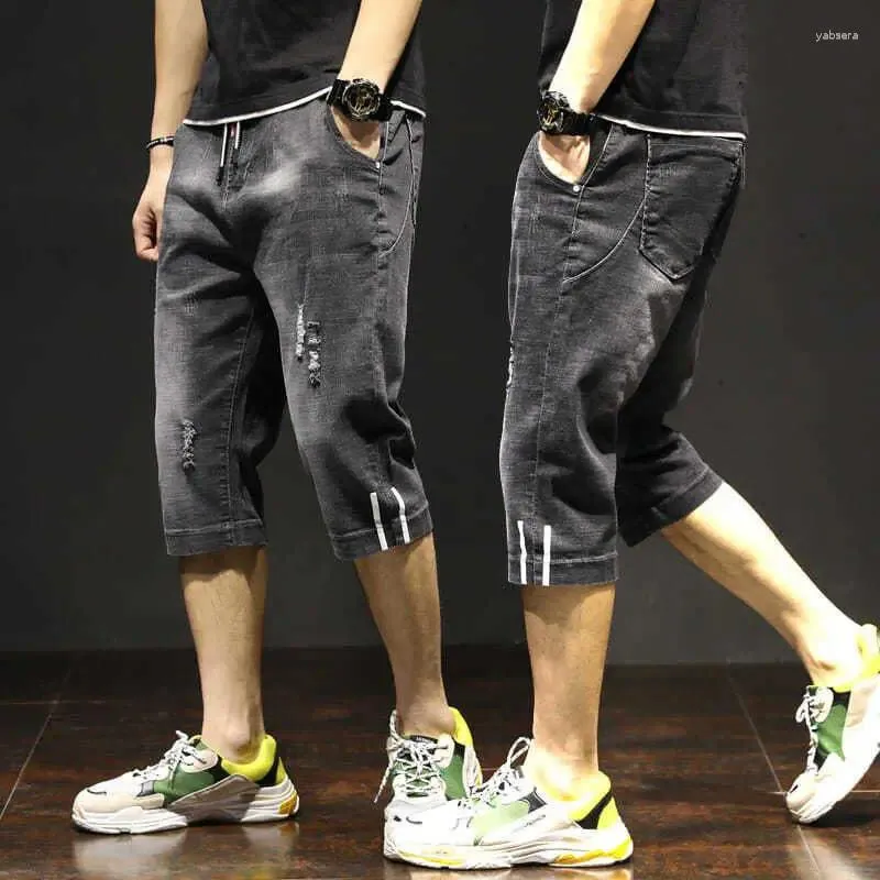 Jeans masculinos Summer Harajuku Moda Black Slim Fit Two Listrado Namorado Estado de Namorado Vestir Denim de Menção de Calf 3/4