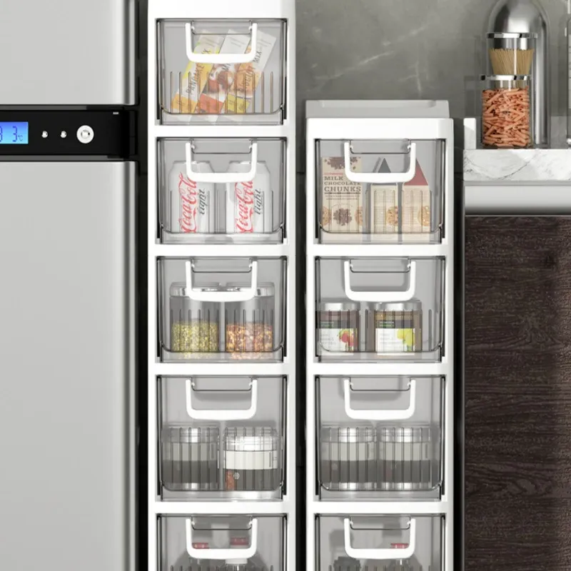 Cajón de cajón de piso a techo Kitchen multifuncional estante de funcionamiento para el refrigerador para el refrigerador extraíble y gabinete de almacenamiento de bocadillos deslizantes