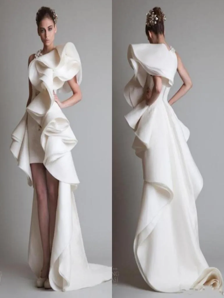 カスタムメイドのKrikor Jabotian High Low Evening Dresses Ruffles Skirt Zipper Back Court Train 2019 Women Prom Gowns Robe de Soiree4283121