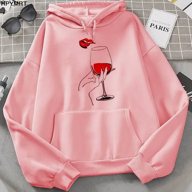 Felpe 2022 Autunno Inverno Inverno Felpa casual Felpa con cappuccio rosso con cappuccio sexy labbra rosse Stampe Lady Tops Pallover Abiti a maniche lunghe