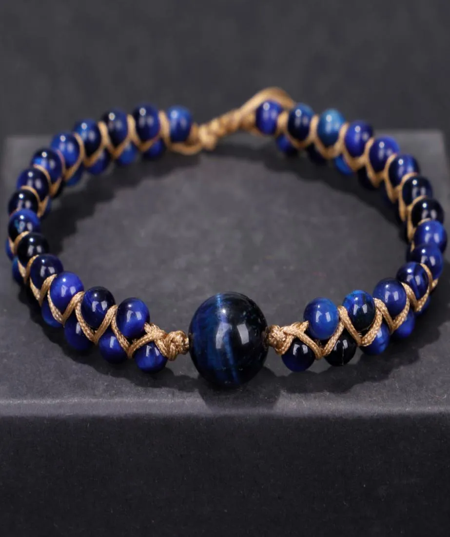 Fehame Högkvalitativ naturlig Lapis Lazuli Blue Tiger Eye Stone Pärlor Armband för kvinnor Män sträcker rund armband Par Gift4126049