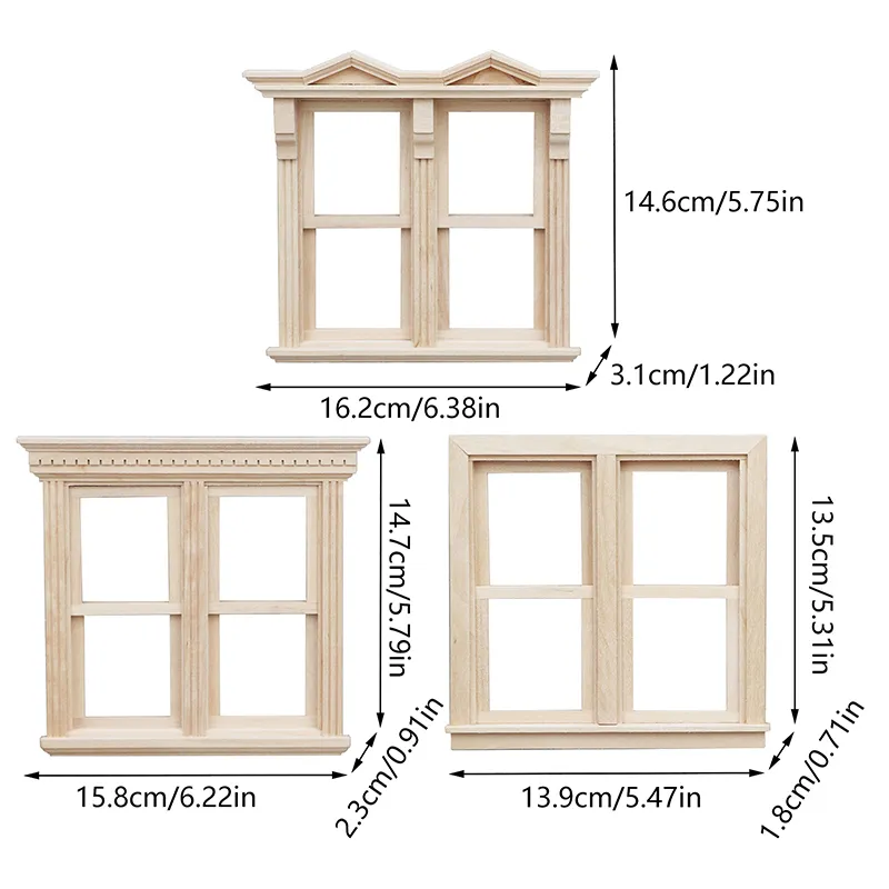 2pcs 1:12 Scale Dollhouse Windows - Miniature Wooden Window Furniture Accessories
