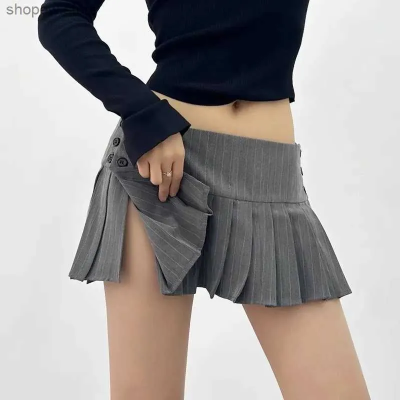 Saias vintage y2k saia plissada listrada Mulheres sexy estilo preppy Botão de cintura baixa Slim A-line Micro Mini Skirt Streetwear