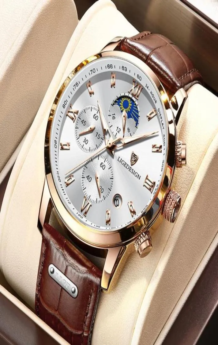 Нарученные часы Lige Brown Leather Watch Men Top Business Sport Водонепроницаемые хронограф Quartz Watches for6089707