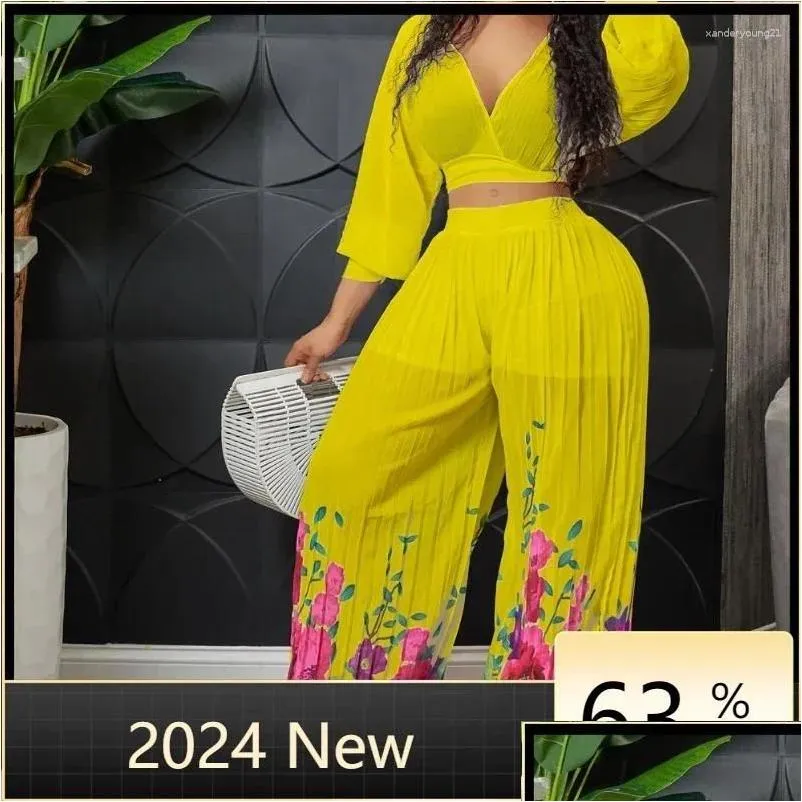 Ethnische Kleidung bloße Mesh Patchwork Rüschenhülle Jumpsuit Wide Leghose Frauen y Elegant OL Office Ladies Rompers Drop Lieferung Appa otwou