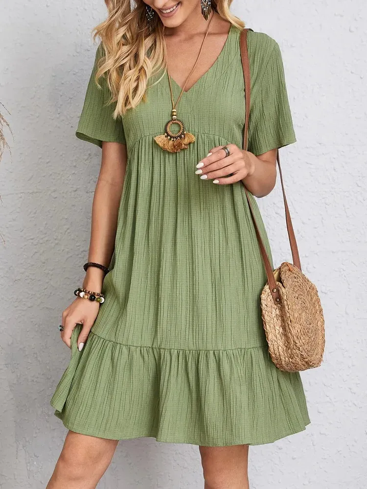 Elegante Solid V Neck A Line Dress Summer Ruffles Losse mini Casual Strak Feest met korte mouwen Vestidos Streetwear 240412