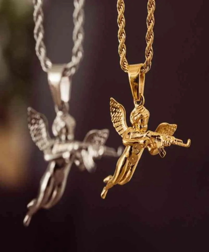 HIPHOPS HOMENS JOIXOS CUBIDOS PENENTE PENDENTE DE ANGO 18K Chain de corda de ouro 316L Stainls Aço 3D Angel com colar de armas A225287812