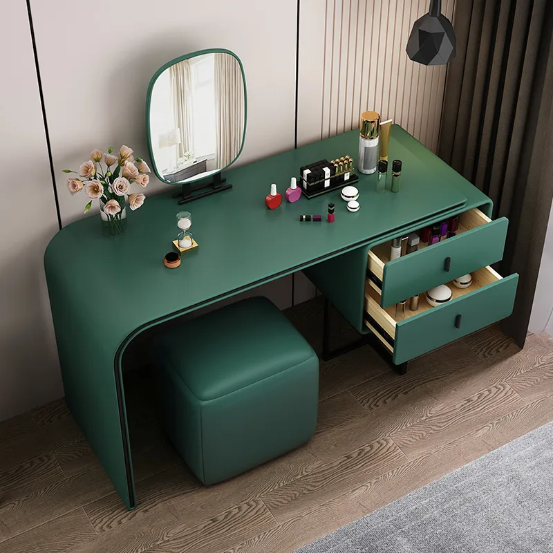 green dressing table Elegant Green Makeup Vanity Set with Cabinet, Mirror, and Stool main image 1