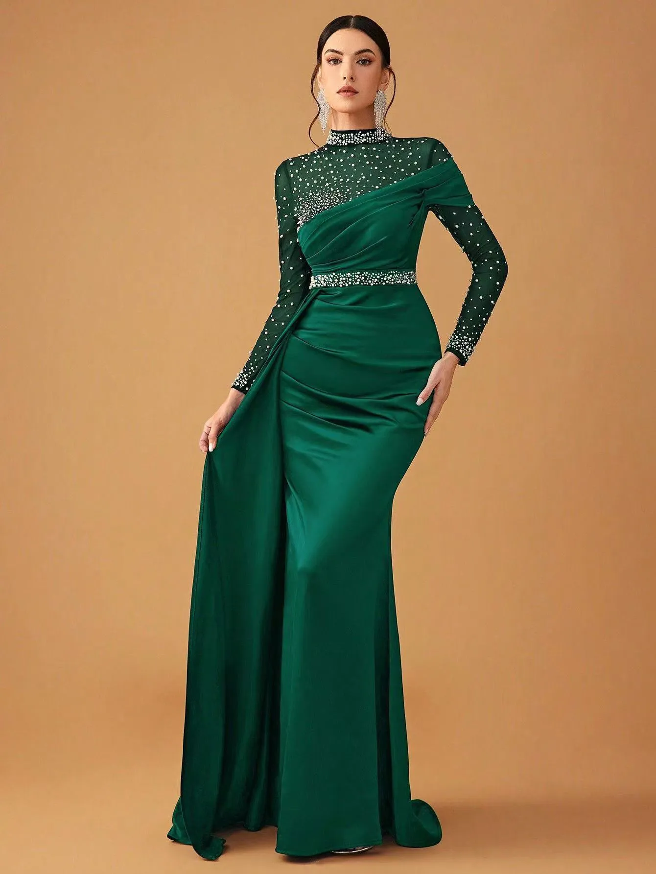 green emerald velvet dress A-line Chiffon Pockets Green Bridesmaid Dress COCOMELODY CB0565 main image 1
