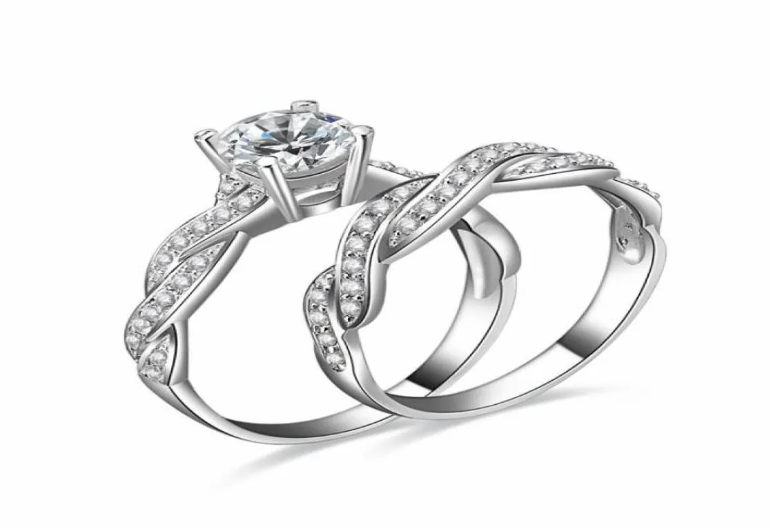 Ny Real 925 Sterling Silver Wedding Ring Set för kvinnor Bröllopsengagemangsmycken Hela N616202730