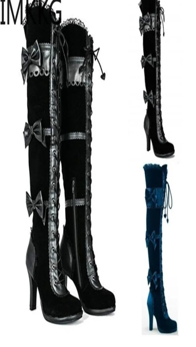 Модные женщины классические готические ботинки косплей черные веганские кожаные коленные луки панк -сапоги женщина 20111032654706869754