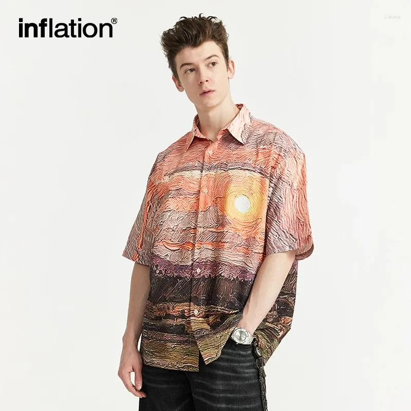 Camisas casuais masculinas Inflação Sunset Hawaiian Men, estilo de praia, Seersucker de grandes dimensões
